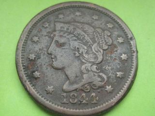 1844 Braided Hair Large Cent Penny - Vf Details photo