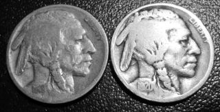 2 Us Buffalo Nickels - 1919 & 1920 P Mints - Business Circulated photo