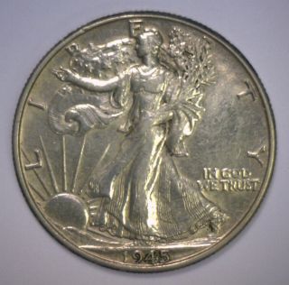 1945 Walking Liberty Silver Half Walker 50c About Uncirculated Au photo