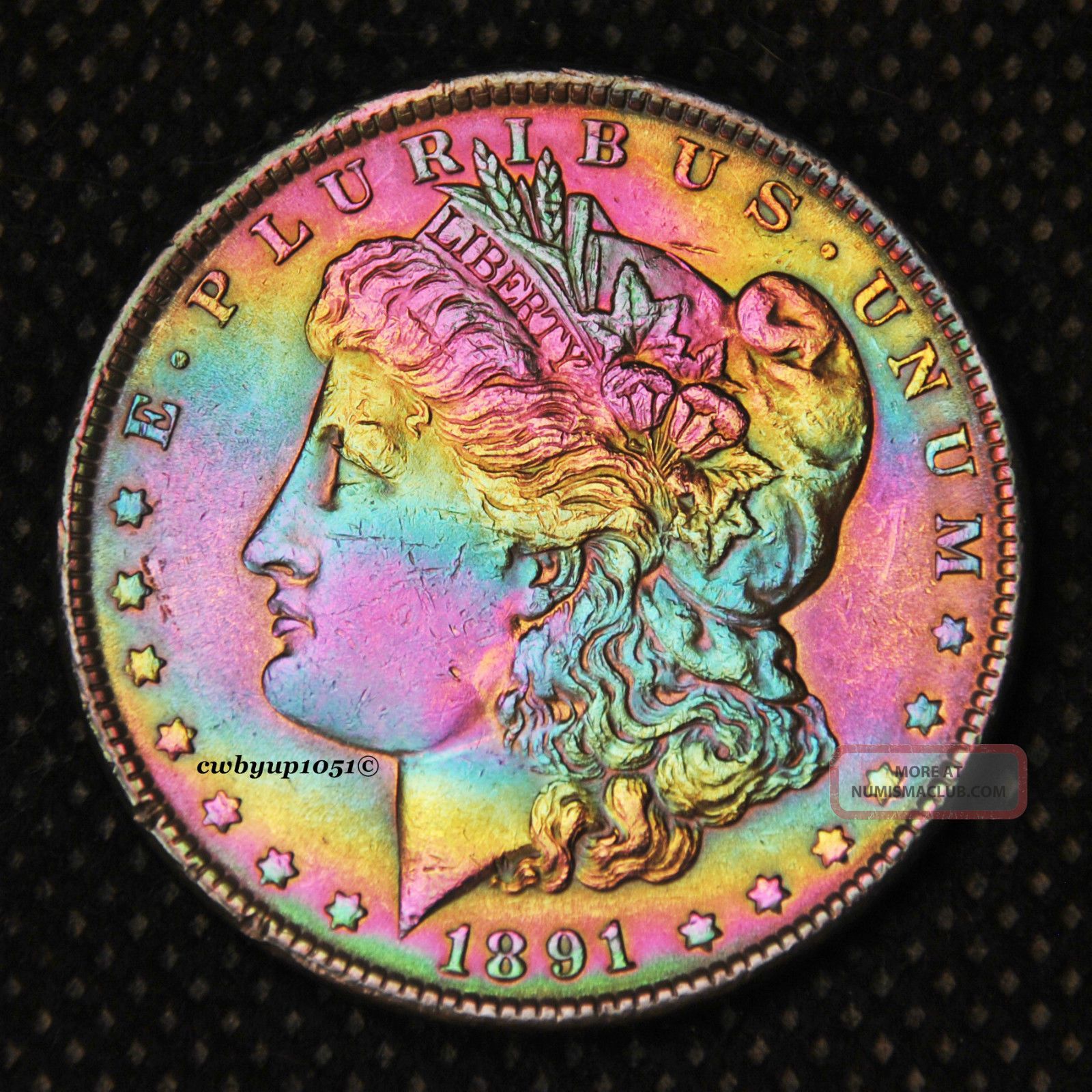 1891 P Morgan Silver Dollar Rainbow Toned Cartwheel Luster Xf+