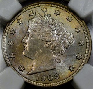 1908 Liberty Nickel Ngc Choice Bu Ms - 63. . .  Flashy With Color,  Pretty Coin photo