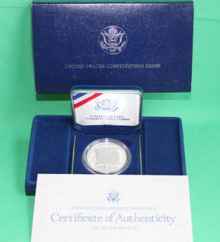 1987 Us Constitution Proof 90% Silver Dollar Commemorative Coin Box & photo