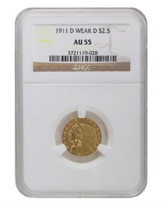 1911 - D Weak D Ngc Au55 $2.  50 Indian Gold photo