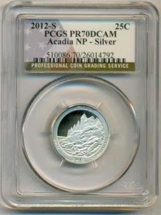 2012 S Silver Acadia Np Quarter Proof Pr70 Dcam Pcgs Flag photo