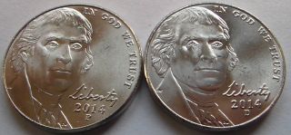 2014 - P&d Brilliant Uncirculated Jefferson Nickels. photo