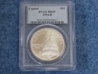 1994 - D U.  S.  Capitol Bicentennial Silver Dollar Pcgs Ms69 Gem Bu B7747 photo