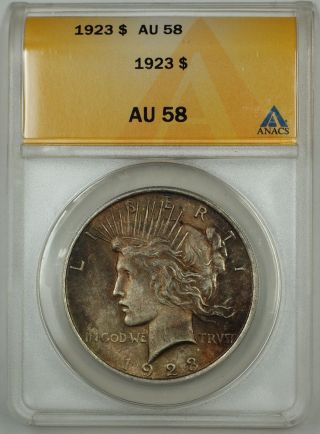 1923 Silver Peace Dollar Coin Anacs Au - 58 Dark Toning photo