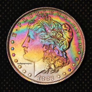 1883 O Morgan Silver Dollar Rainbow Toned Cartwheel Luster Au+ photo