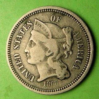 U.  S.  Three Cent Nickel 1868 In Fine/very Fine. photo