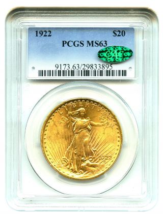 1922 $20 Pcgs/cac Ms63 Gold Coin - Saint Gaudens Double Eagle photo