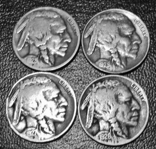 4 Us Buffalo Nickels - ' 26,  ' 27,  ' 28 ',  ' 29 - P Mints - Business Circulated photo