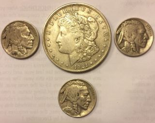 1921 Morgan Silver Dollar Coin Us W/ 1935 1936 1937 Buffalo Nickels photo