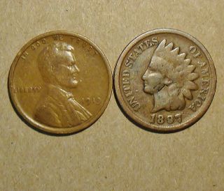 1897 Indian Head Cent,  Counter - Stamp & 1919 Lincoln Wheat Cent photo