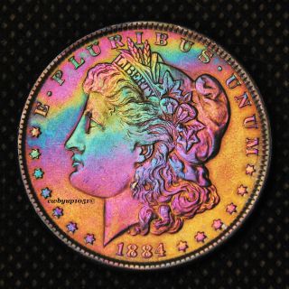 1884 P Morgan Silver Dollar Rainbow Toned Cartwheel Luster Au+ photo