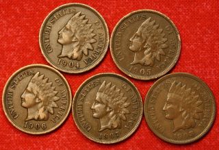 1904 1905 1906 1907 1908 Indian Head Cent Penny F Collector Coin Chck Stor Ih723 photo