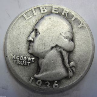 1936 Silver Washington Quarter Coin Twenty Five Cents (311k) photo