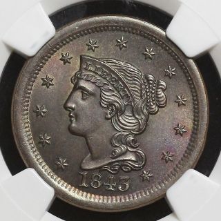 1843 N - 5 Ngc Ms66bn Mature Head Braided Hair Large Cent Coin 1c Ex; Mervis photo
