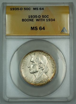 1935 - D Daniel Boone Silver Half Dollar Coin Anacs Ms - 64 W/ 1934 (better) Dgh photo