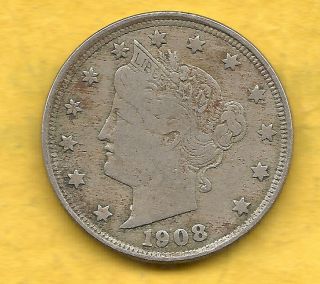 1908 V - Nickel,  $5,  Clear Sharp Liberty On Headband,  Pretty Coin,  Fine photo