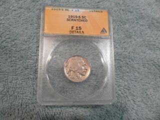 U.  S.  1919 S Five Cents Buffalo F 15 Details Scratched Anacs photo