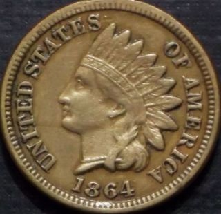 Key Date 1864 Indian Head Cent Au+++ Full Liberty + 4 Diamonds Rich Copper Nickl photo