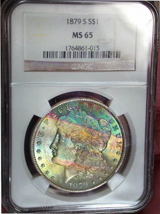 1879 - S Ngc Ms 65 Morgan - Bag & Cheek Textile Rainbow Tone With Money Colors photo