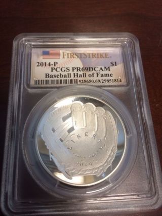 2014 - P $1 Baseball Hall Of Fame Silver Dollar Proof Coin Pr69 Dcam Pcgs F Strike photo