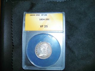 1834 Capped Bust Quarter Anacs Vf 25 Low Mintage Only 286,  000 photo