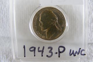 Uncirculated 1943 P Silver Jefferson Nickel In Airtight Holder With Gold Tone photo