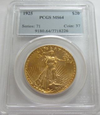 1925 $20 St Gaudens Double Eagle Graded By Pcgs Ms 64 Choice Uncirculated photo