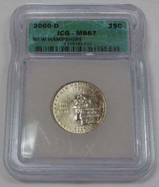 2000 - D Hampshire State Quarter Graded By Icg Ms67 Business Strike photo