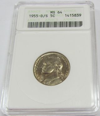 1955 - D Over S Rpm Jefferson Nickel Graded By Anacs Ms 64 photo