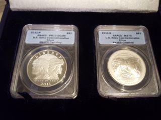 Matching Pf 70 And Ms 70 Army Silver Dollars (2) Anacs photo