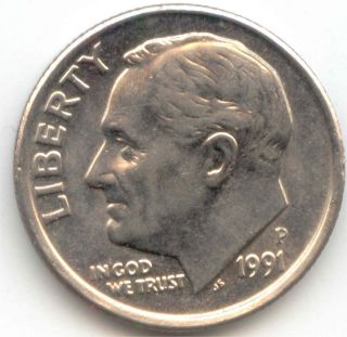 Usa 1991p American Dime 10c Ten Cent Piece Roosevelt 1991 P Exact Coin photo