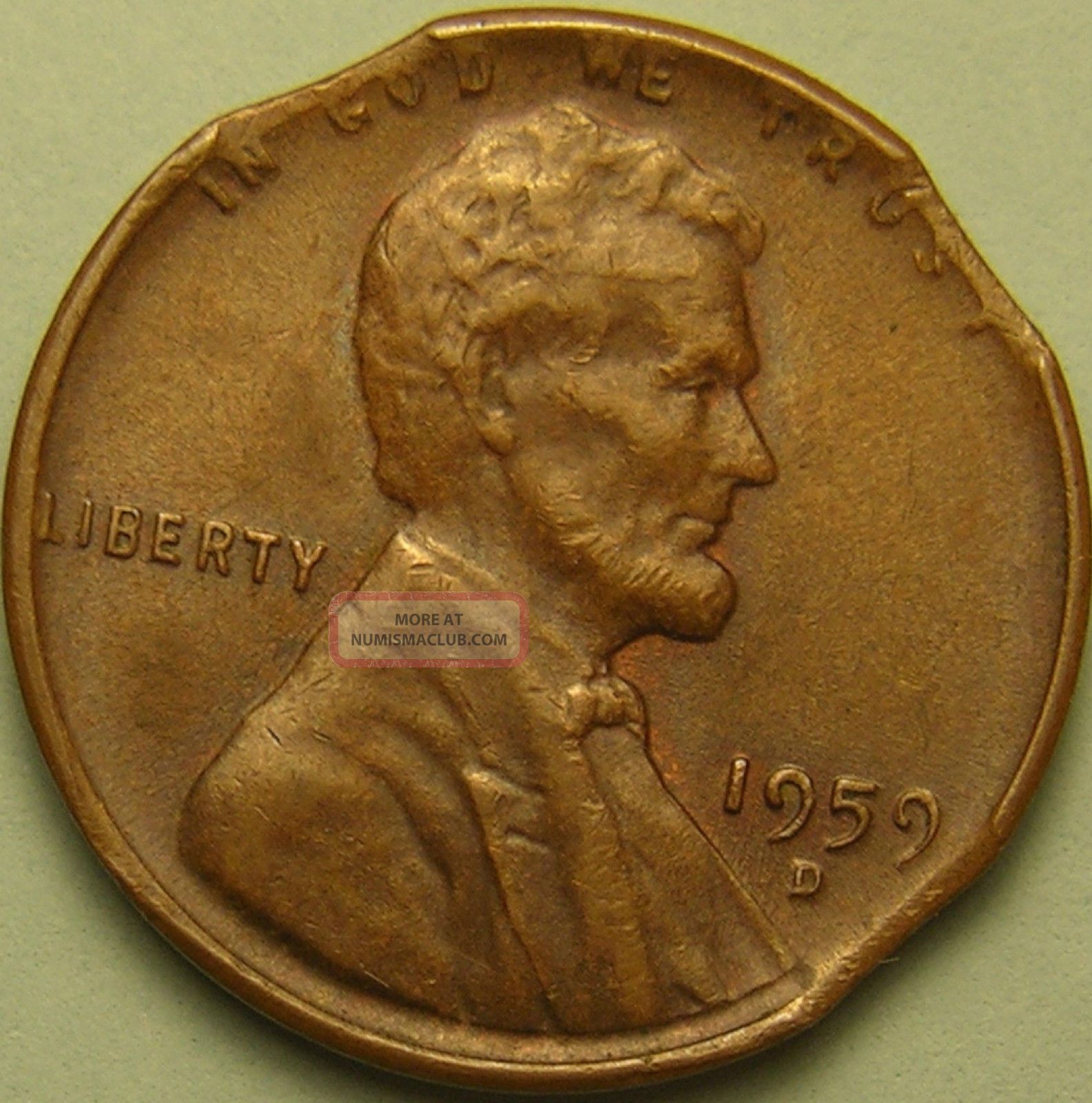 1959 D Lincoln Memorial Penny triple Clipped Planchet Error Coin Ae737