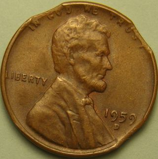 1959 D Lincoln Memorial Penny,  (triple Clipped Planchet) Error Coin,  Ae737 photo