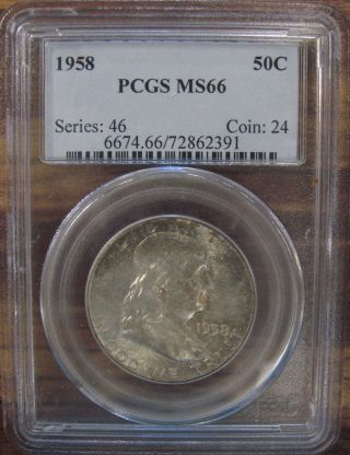 1958 P U.  S.  Silver Franklin Half Dollar Pcgs Graded Ms66 Toned Monster photo