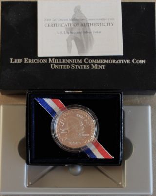 2000 Leif Ericson Uncirculated Silver Dollar U.  S.  Packaging photo