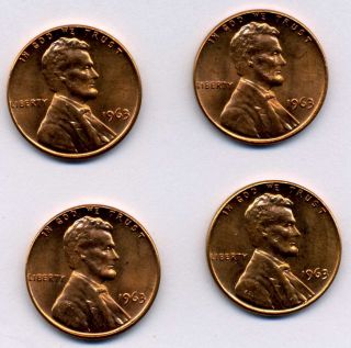 4 Philadelphia Lincoln Head Pennies 1963 photo
