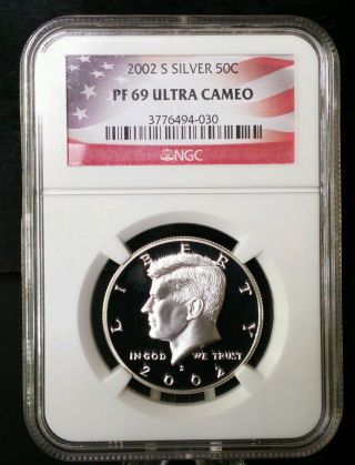 2002 - S 90% Silver Kennedy 50c Half Dollar Ngc Pf69 Ultra Cameo Flag Label photo