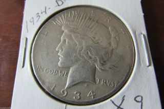 1934 - D - Peace Dollar Semi Key Date 90% Silver X9 photo