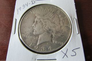 1934 - D - Peace Dollar Semi Key Date 90% Silver X5 photo