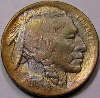 1914 - S Buffalo Nickel.  Ms/ Bu+,  Choice Bu.  Toning,  Gold,  Purple,  Red.  Scarce photo