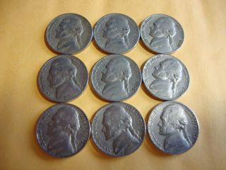 9 Different Jefferson Nickels 1952 - 1958 - D photo