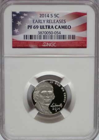 Ngc Pf69 2014 Proof Jefferson Nickel Usa Flag Label Early Releases Usa 5c photo