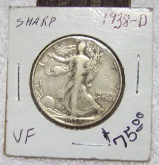 1938 - D - 50 Cent - Walking Liberty Half Dollar - Vf - Key Date - Look photo