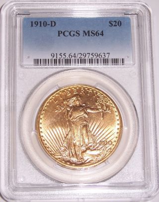 1910 - D $20 St Gaudens Pcgs Ms 64 Premium Quality Bu Near Gem Double Eagle Saint photo