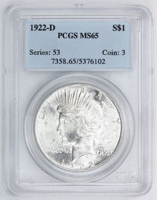 1922 D Peace Silver Dollar Ms 65 Pcgs Gem Uncirculated (6102) photo