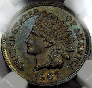 1907 Indian Head Cent Gem Bu Ngc Ms - 64bn. . .  Very Flashy With Toning,  Neat photo