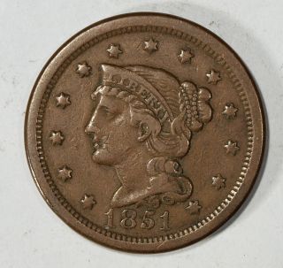 1851 Us Large Cent Braided Hair Vf+ photo